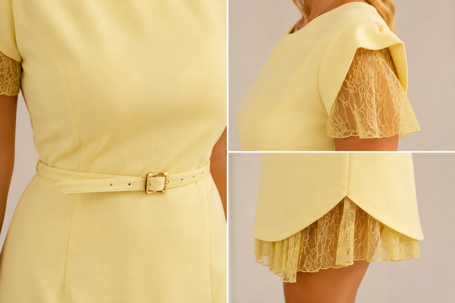 Rochie Galbenă cu Dantelă la Mâneci și Tiv