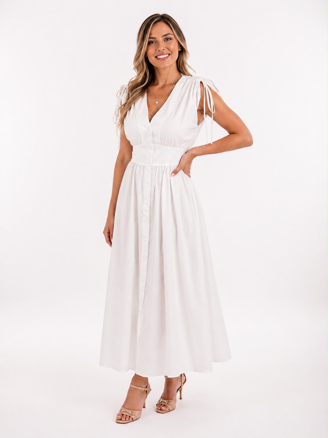 Rochie Albă cu Mâneci Ajustabile