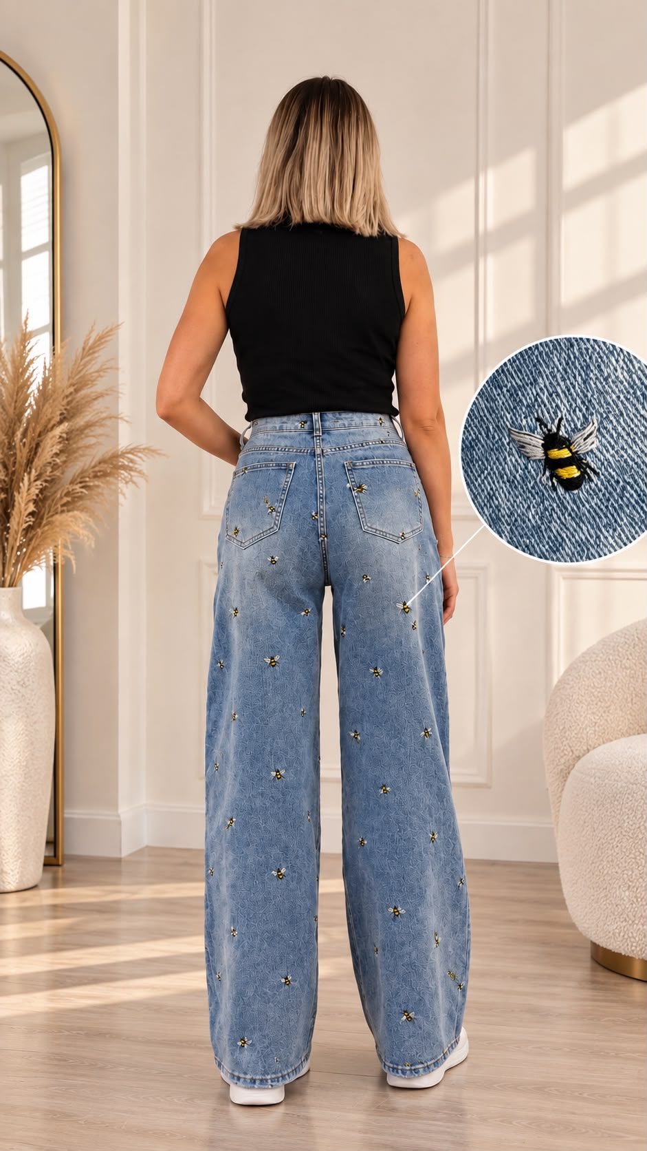 Blugi wide-leg cu talie înaltă și broderie
