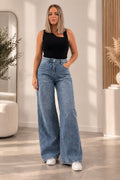 Blugi wide-leg cu talie înaltă și broderie