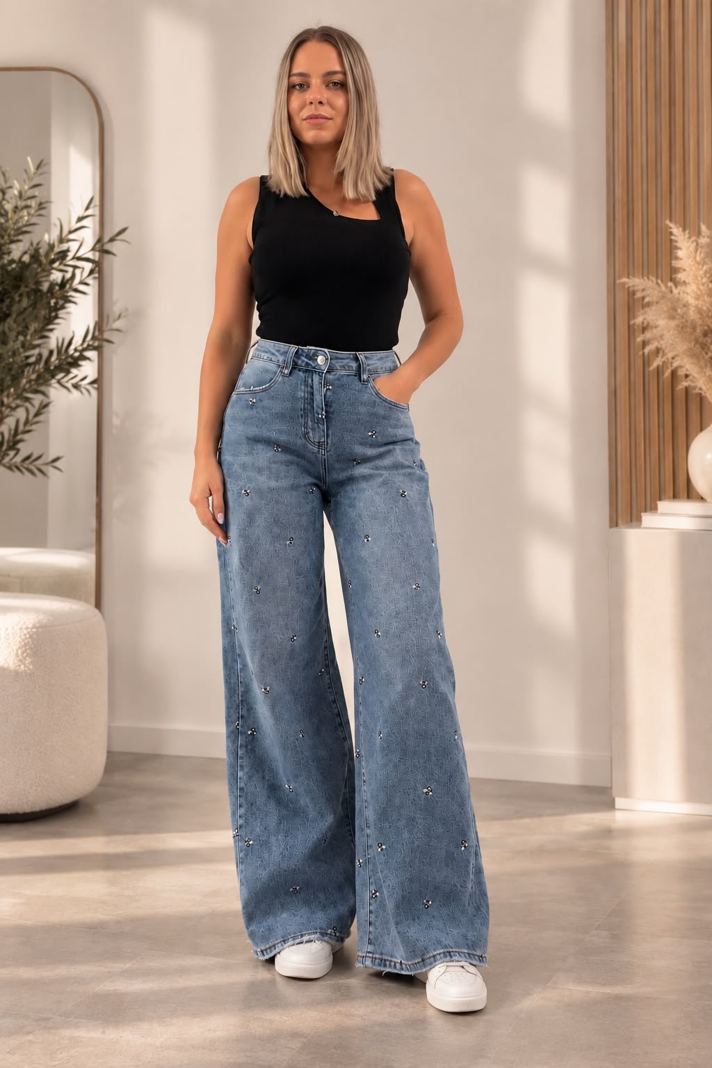 Blugi wide-leg cu talie înaltă și broderie