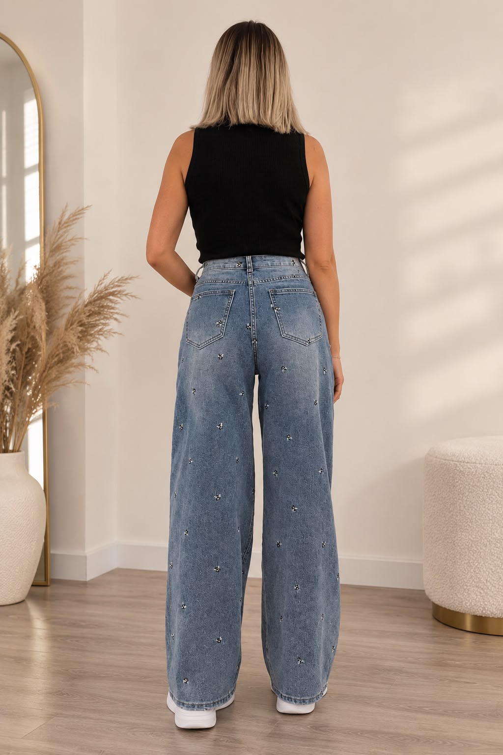 Blugi wide-leg cu talie înaltă și broderie